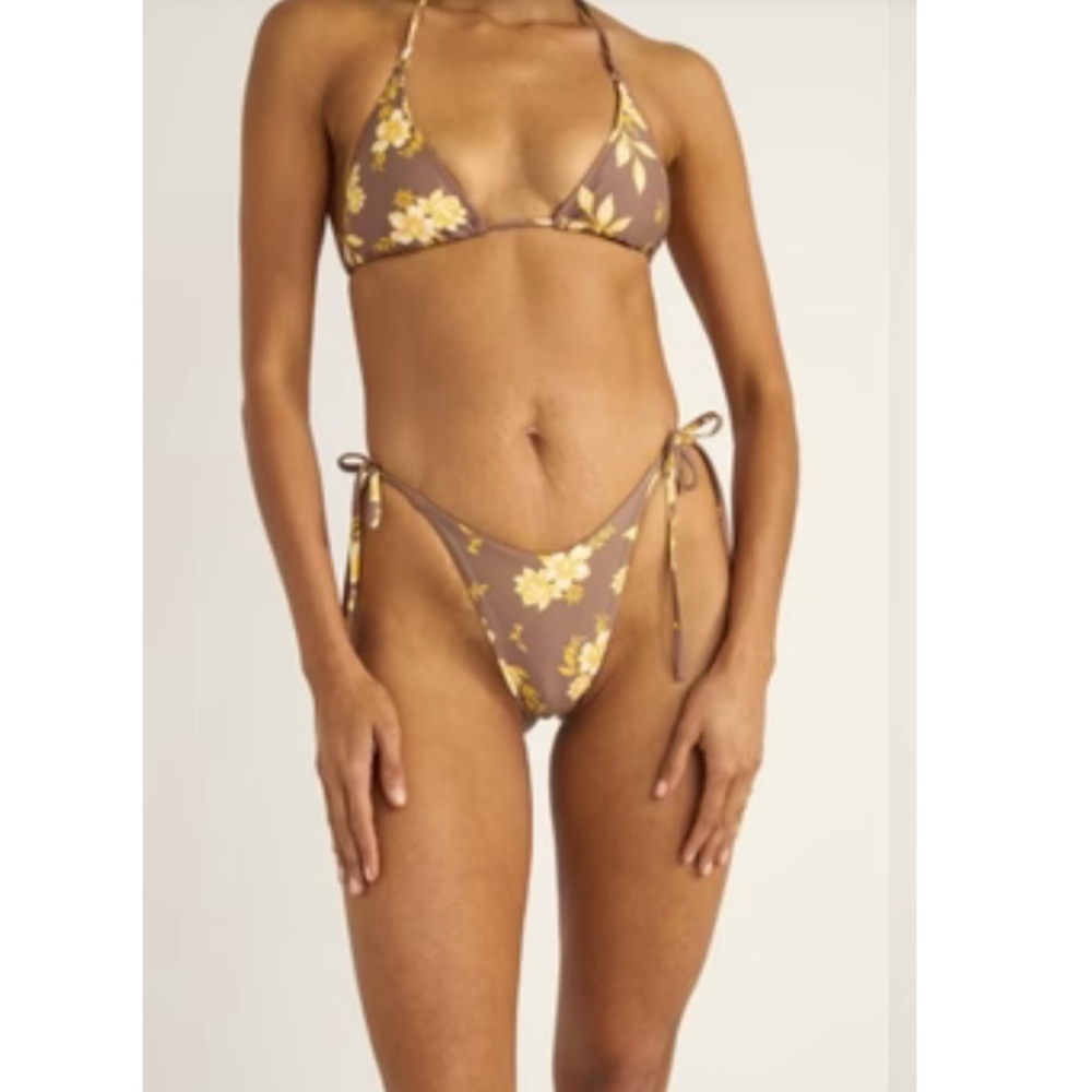 RHYTHM Anika Bikini Chocolate Floral Triangle Top Side Tie Bottom Free People